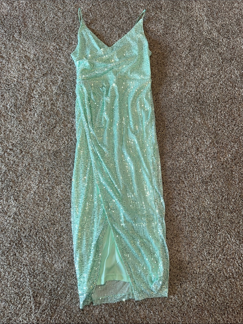 Mint Sequin Midi Slip Dress with V-Neck and Slit